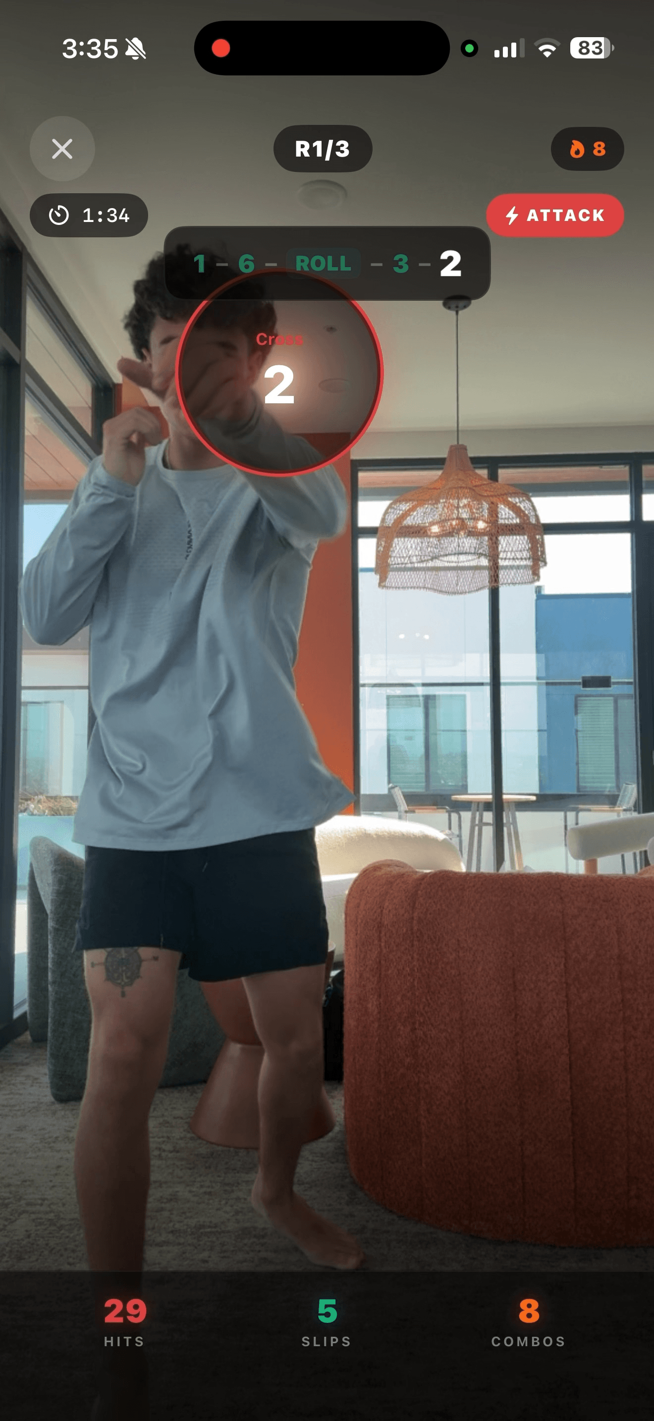 Punch AI pad work training screen with AI-powered pose detection tracking boxing form in real-time